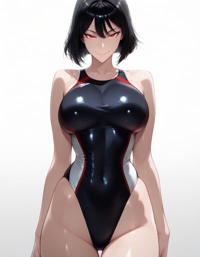 AI-generated semi-realistic portrait of an athlete character with black hair, short hair, and red eyes