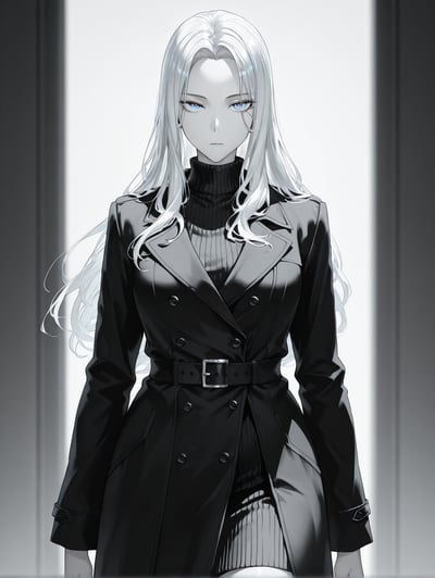 AI-generated ink manga portrait of a kuudere character with white hair, long hair, and blue eyes