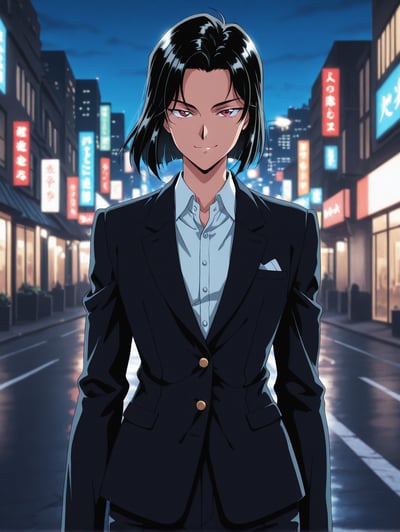AI-generated 90s retro portrait of a rival character with black hair, short hair, and red eyes