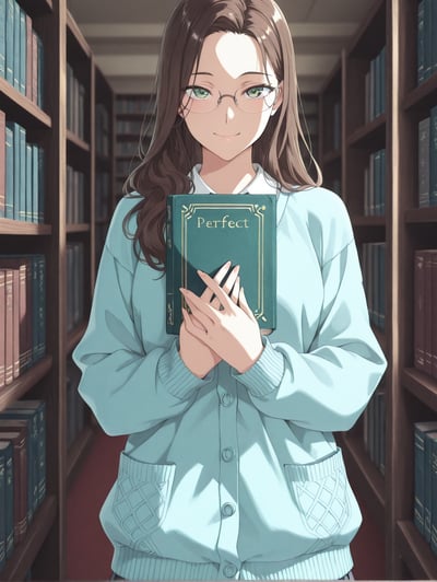 AI-generated soft pastel portrait of a bookworm character with brown hair, long hair, and green eyes