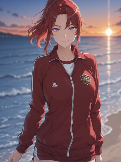 AI-generated semi-realistic portrait of an athlete character with red hair, medium hair, and purple eyes