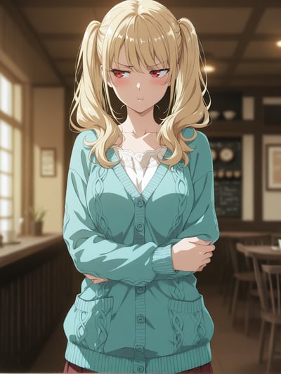 AI-generated classic anime portrait of a tsundere character with blonde hair, twin tails, and red eyes