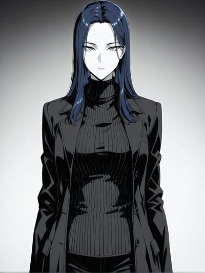 AI-generated ink manga portrait of a kuudere character with blue hair, straight hair, and grey eyes