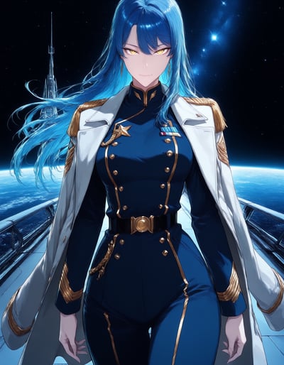宇宙船のブリッジに立つ、制服姿の艦長