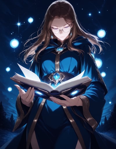 夜空の下で古い本を開く、ローブ姿の魔術師