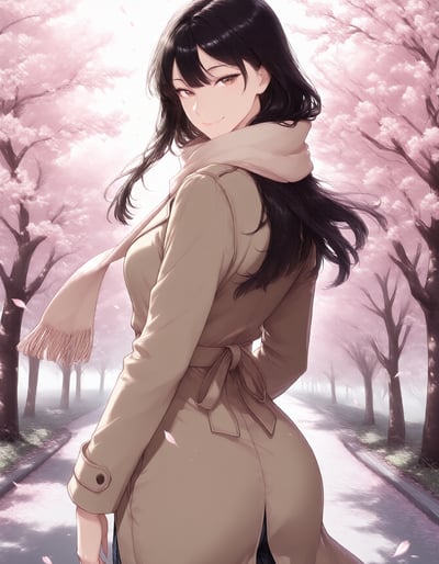 桜並木の下で振り返る、コート姿の女性