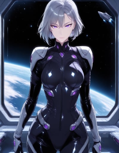 宇宙船の窓の前に立つ、パイロットスーツの女性