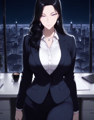 夜のオフィスでほほえむ、スーツ姿の女性の先輩