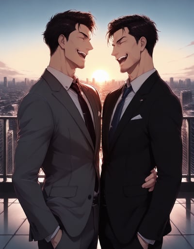 夕暮れの屋上で、肩を並べて笑う二人の男性