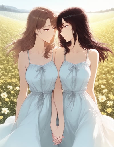 花畑で手をつないで微笑む二人の女性