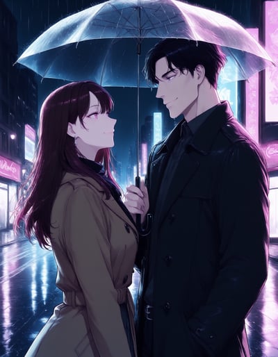 雨の街で、ひとつの傘に入って見つめ合う男女