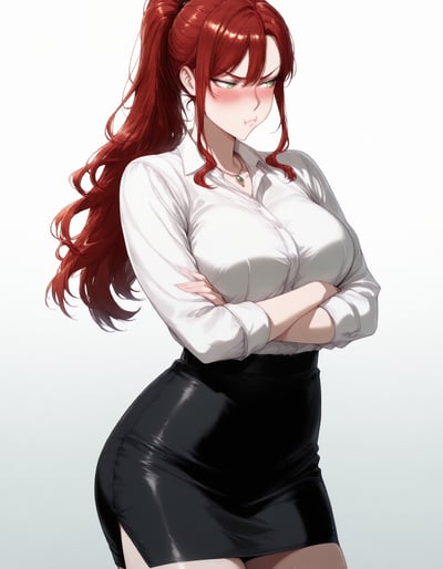 腕を組んで顔をそむける、赤い髪の女性