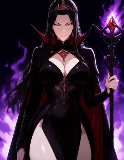 黒いドレスに王冠をつけた、微笑む女性の悪役