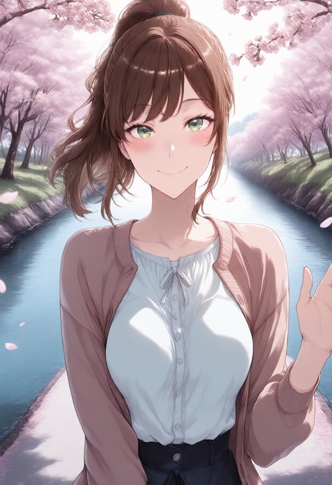 恋愛ゲームの表紙の例、桜並木の川沿いで手をふるポニーテールの女性のイラスト