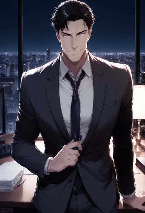 恋愛ゲームの表紙の例、夜のオフィスでネクタイをゆるめる黒髪の男性のイラスト