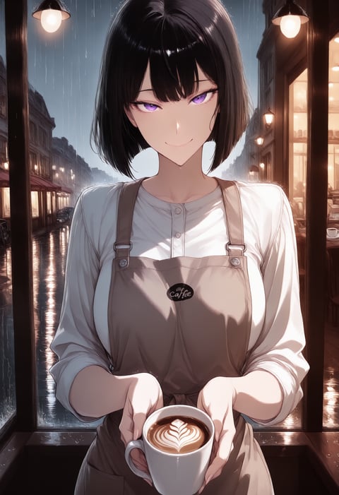 恋愛ゲームの表紙の例、雨の日のカフェでコーヒーを差し出す店員の女性のイラスト