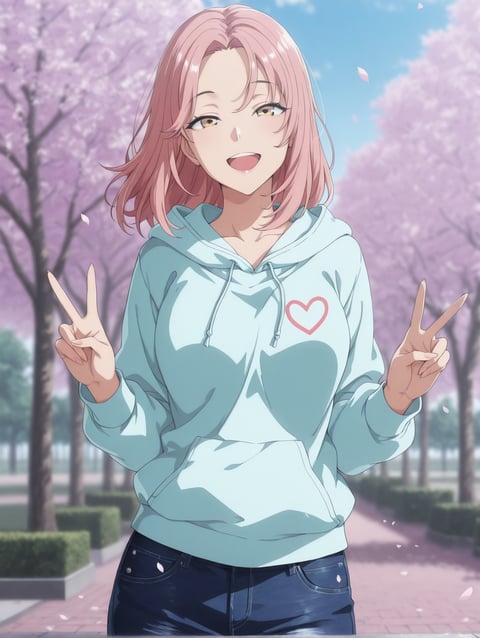 AI-generated classic anime portrait of a genki character with pink hair, medium hair, and yellow eyes