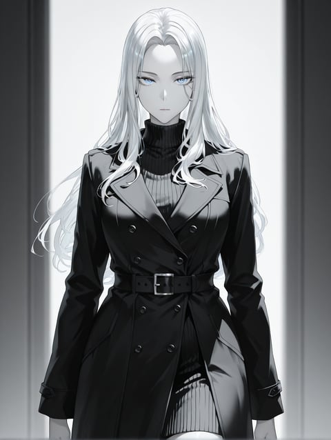 AI-generated ink manga portrait of a kuudere character with white hair, long hair, and blue eyes