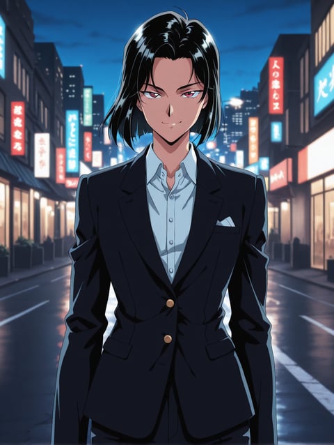 AI-generated 90s retro portrait of a rival character with black hair, short hair, and red eyes