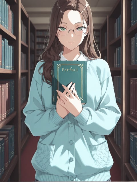 AI-generated soft pastel portrait of a bookworm character with brown hair, long hair, and green eyes