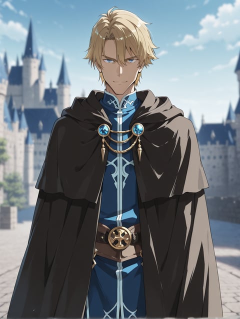 AI-generated classic anime portrait of a hero character with blonde hair, short hair, and blue eyes