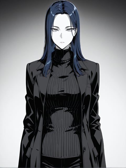 AI-generated ink manga portrait of a kuudere character with blue hair, straight hair, and grey eyes