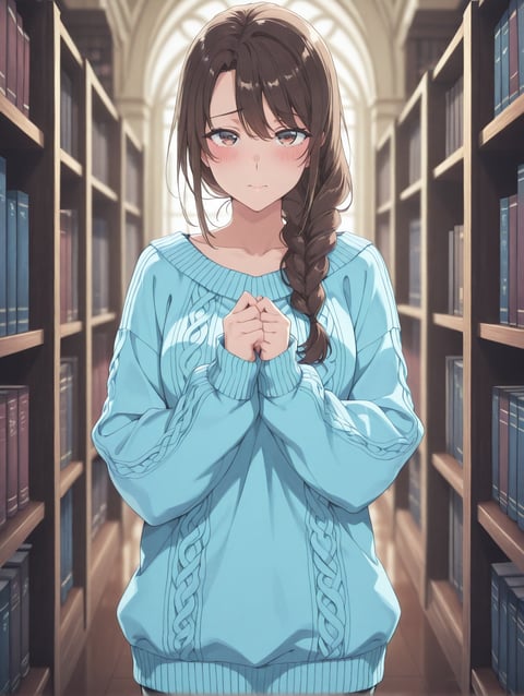 AI-generated soft pastel portrait of a dandere character with brown hair, braid, and brown eyes