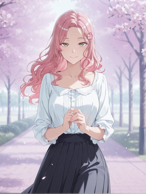 AI-generated soft pastel portrait of a deredere character with pink hair, wavy hair, and green eyes
