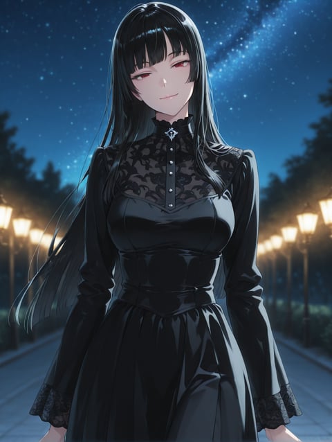 AI-generated semi-realistic portrait of a yandere character with black hair, hime cut, and red eyes