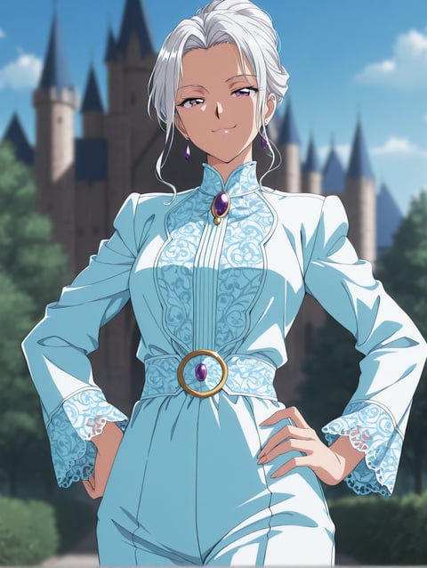 AI-generated 90s retro portrait of a himedere character with white hair, hair bun, and purple eyes