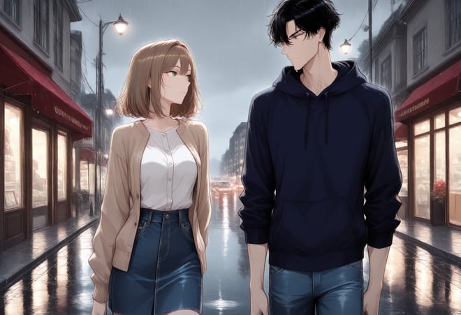 AI漫画の1コマ目：雨宿りする二人が店先で顔を見合わせている。