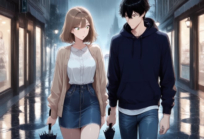 AI漫画の2コマ目：ハルキが差し出した傘は一本だけ。