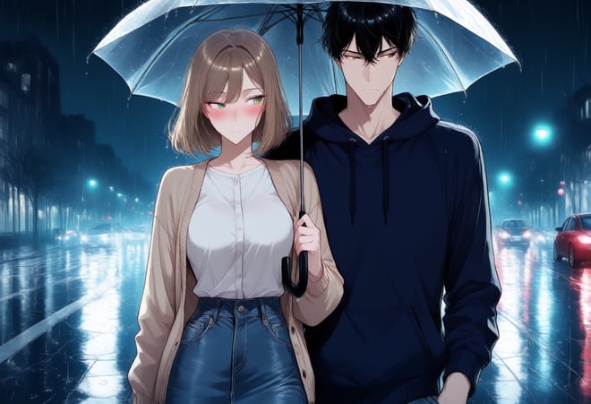 AI漫画の3コマ目：一本の傘の下で二人は照れて距離が近い。