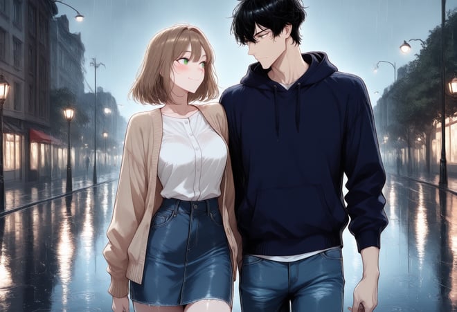 AI漫画の4コマ目：雨の中、二人は肩を寄せて小さく笑う。